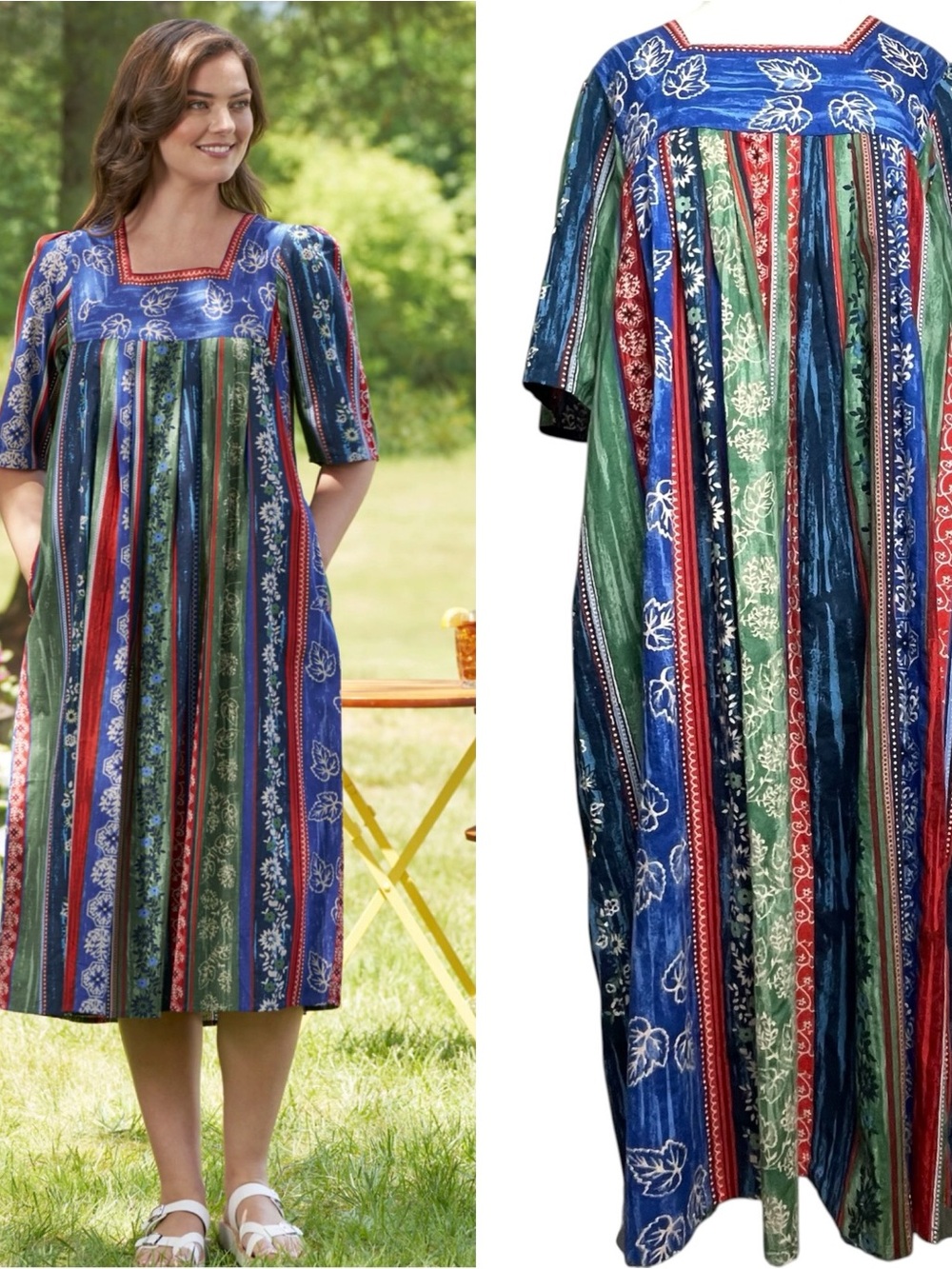 The Vermont Country Store Falling Leaves Muumuu Blue Muti Colored Pockets Med